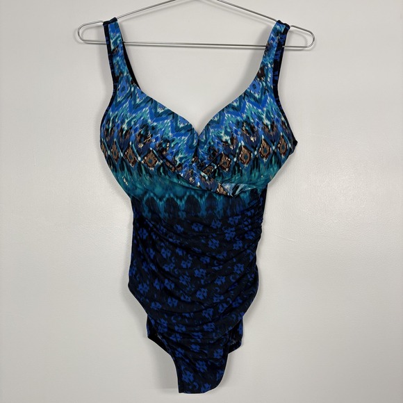 Miraclesuit Other - Miraclesuit Swimsuit Womens 16 Blue Ikat One Piece Tank Ruched Slimming Underwir